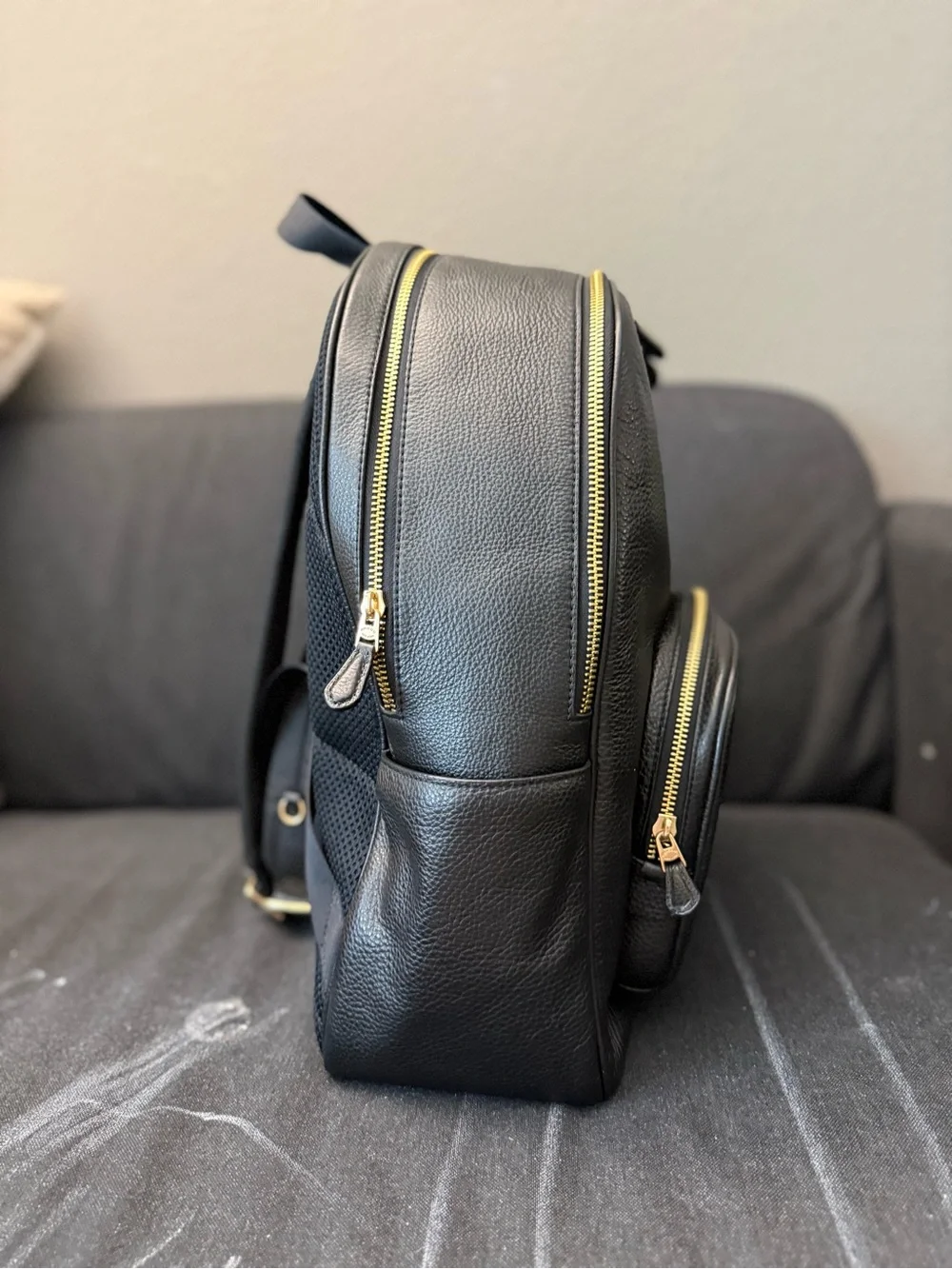 Coach Black Pebbled Leather Zip-Front Backpack with Gold Hardware